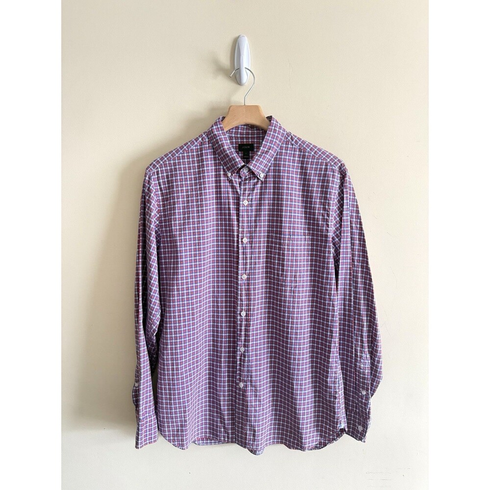 J. Crew Long Sleeve Button Down Shirt Dress‎ Gingham Orange/Red Blue Mens Large
